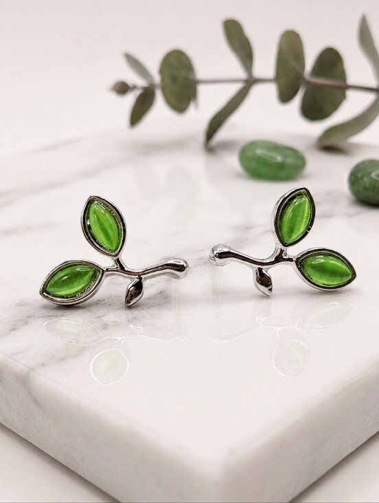 Jewelry - New Silver Leaf Branch Stud Earrings with Green Accents